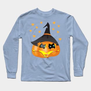 Black and Gray Cat in a Pumpkin House with Sweets Long Sleeve T-Shirt